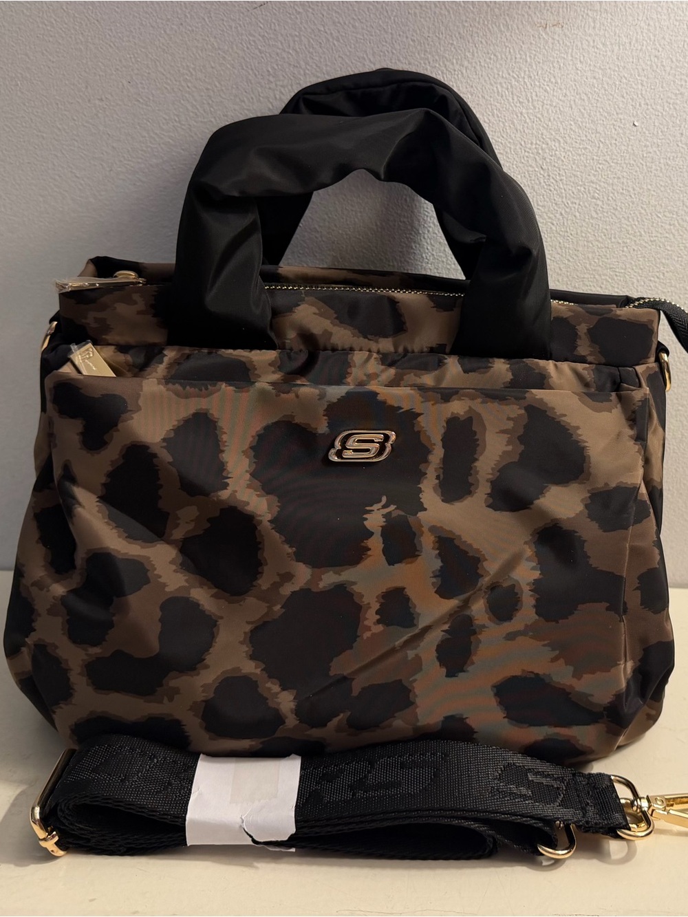 Skechers puffy tote bag, leopard pattern.
